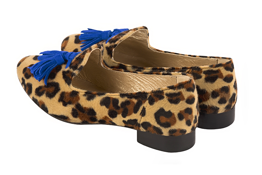 Safari black and electric blue women's loafers with pompons. Round toe. Flat leather soles. Rear view - Florence KOOIJMAN